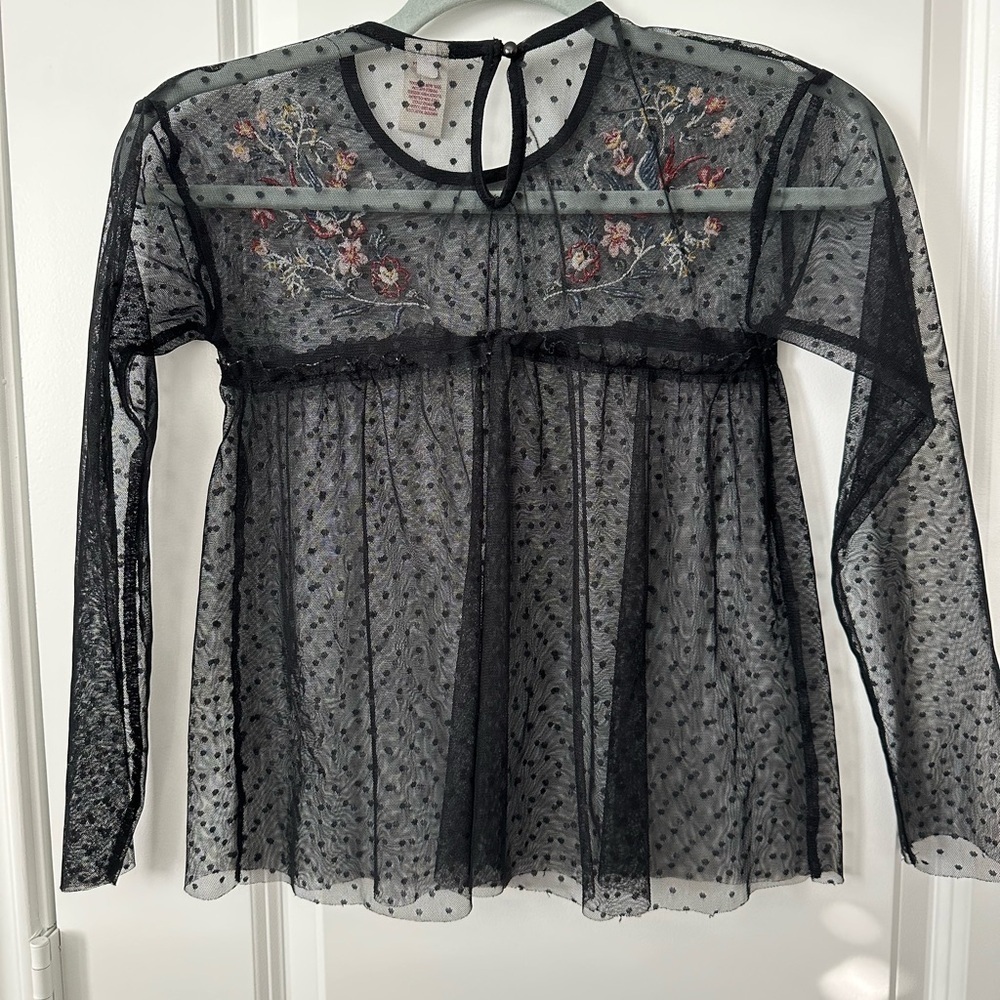 Arizona Jean Company Girls Polka Dot Sheer Blouse with Floral/BirdEmbroidery - Picture 3 of 4